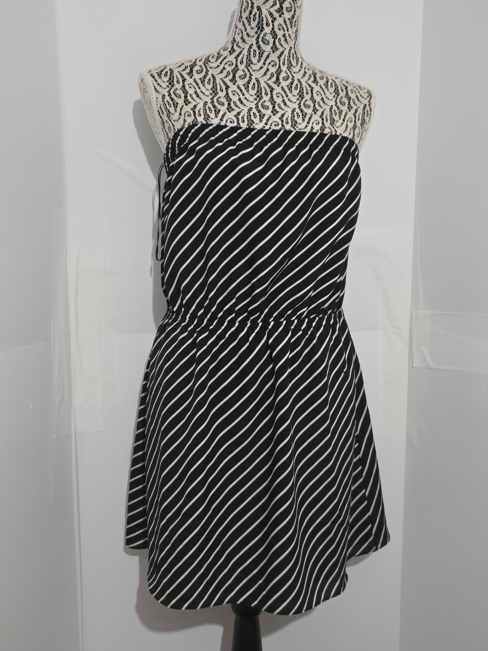 Express Black and White Strapless Diagonal Stripe Mini Dress
